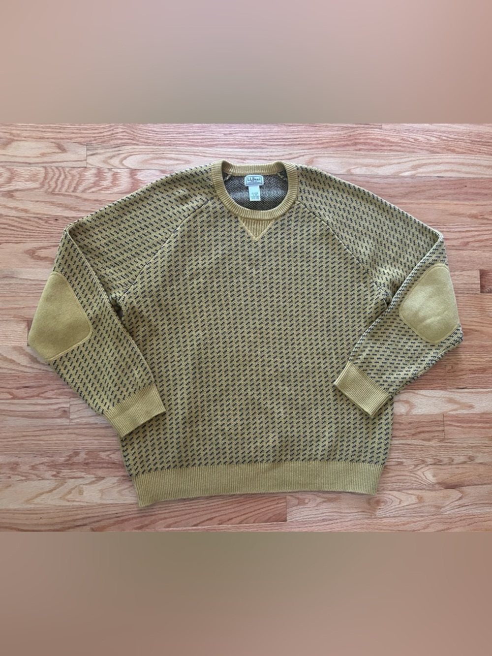 L.L. Bean Men's Mustard Crewneck Sweater with elbow patches